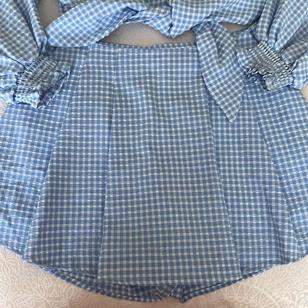 🛍️FINAL SALE🛍️ZARA 2 PCs Blue-White Gingham Crop Top & Pleated Split Skirt/Skort - Picture 9 of 10